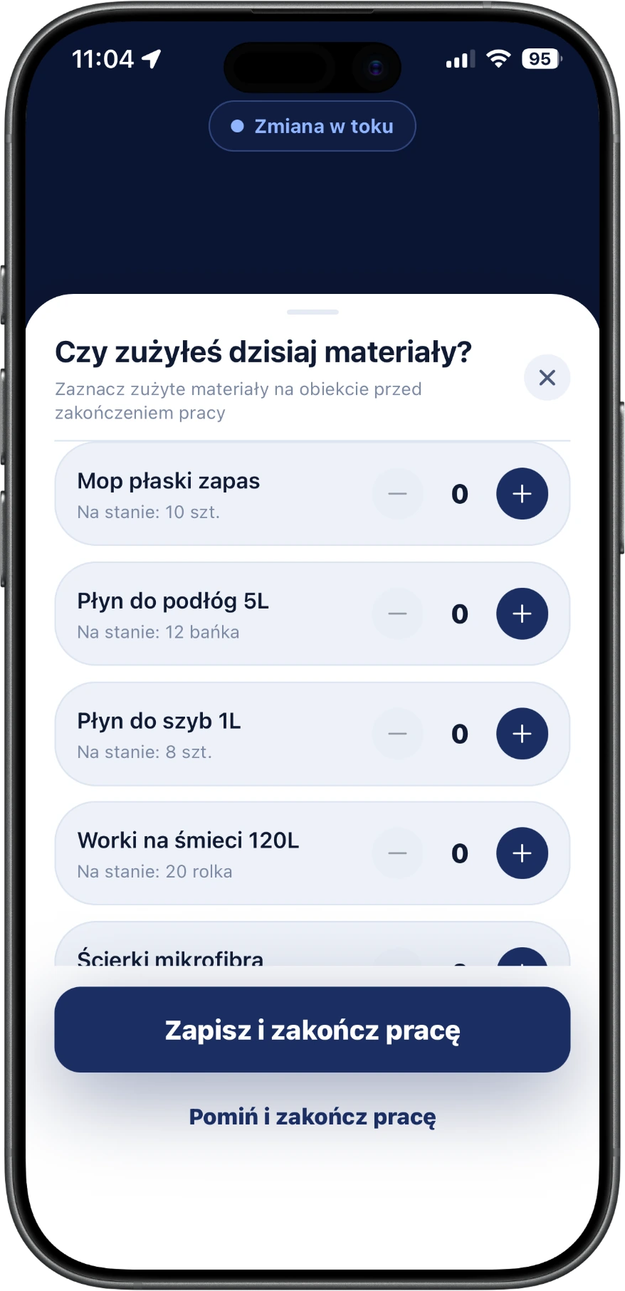Zużyte materiały odhaczone przed zakończeniem pracy