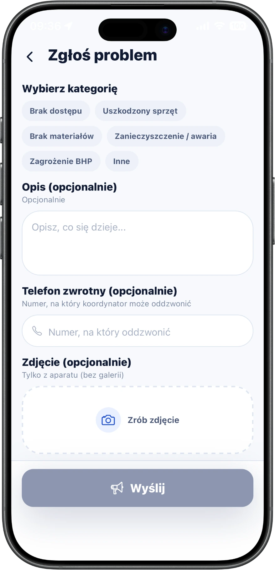 Zgłoszenie usterki — zdjęcie tylko z aparatu
