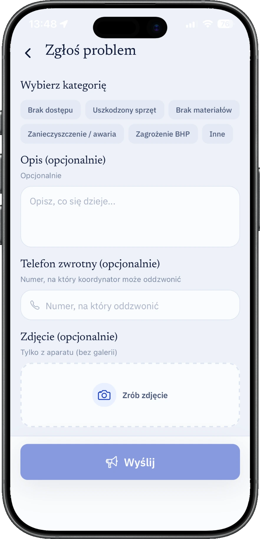 Zgłoszenie usterki — zdjęcie tylko z aparatu