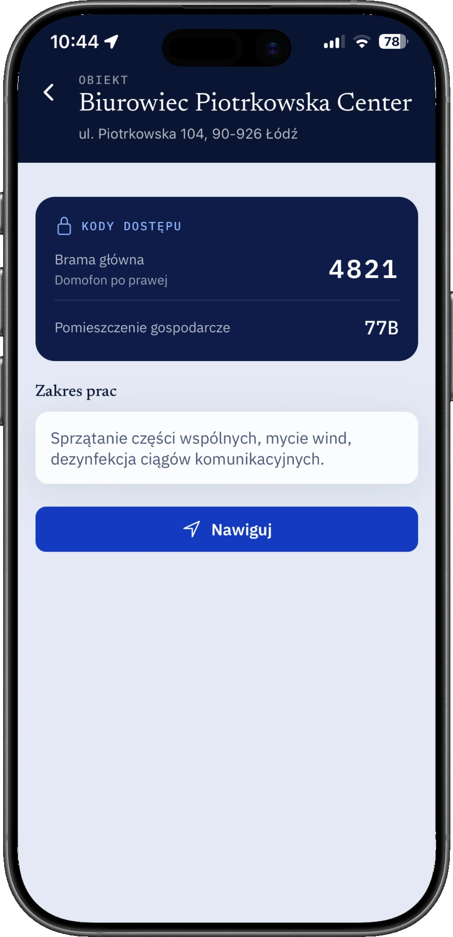Obiekt: kody wejścia, zakres prac, nawigacja